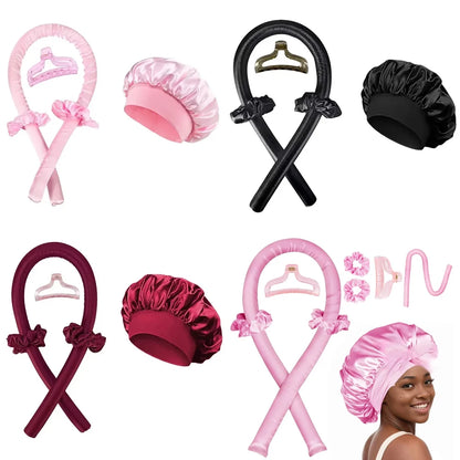 Heatless Curling Rod Satin Silk Sleeping Cap Set Headwrap Natural Curly Hair Long Hair Care Wave Sleeping Curling Styling Tool Selectia