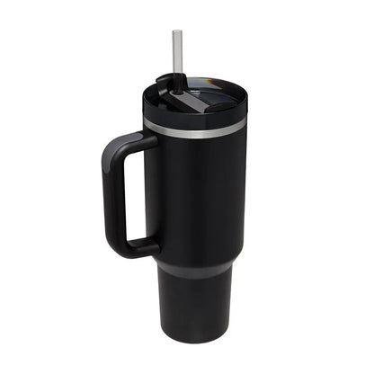 Vaso térmico de 40 oz con asa y pajita blanca - Vasos de acero inoxidable para exteriores, vaso de agua para coche, 13 opciones de color (menta, rosa, blanco y negro)