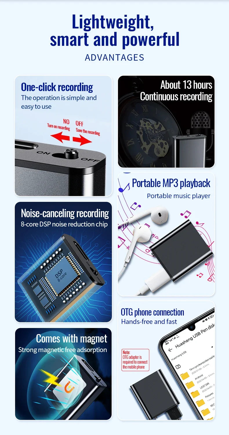 Mini grabadora de voz portátil inteligente, grabación de audio activada por voz, grabadora de sonido HD con reducción de ruido, reproductor MP3 con imán OTG