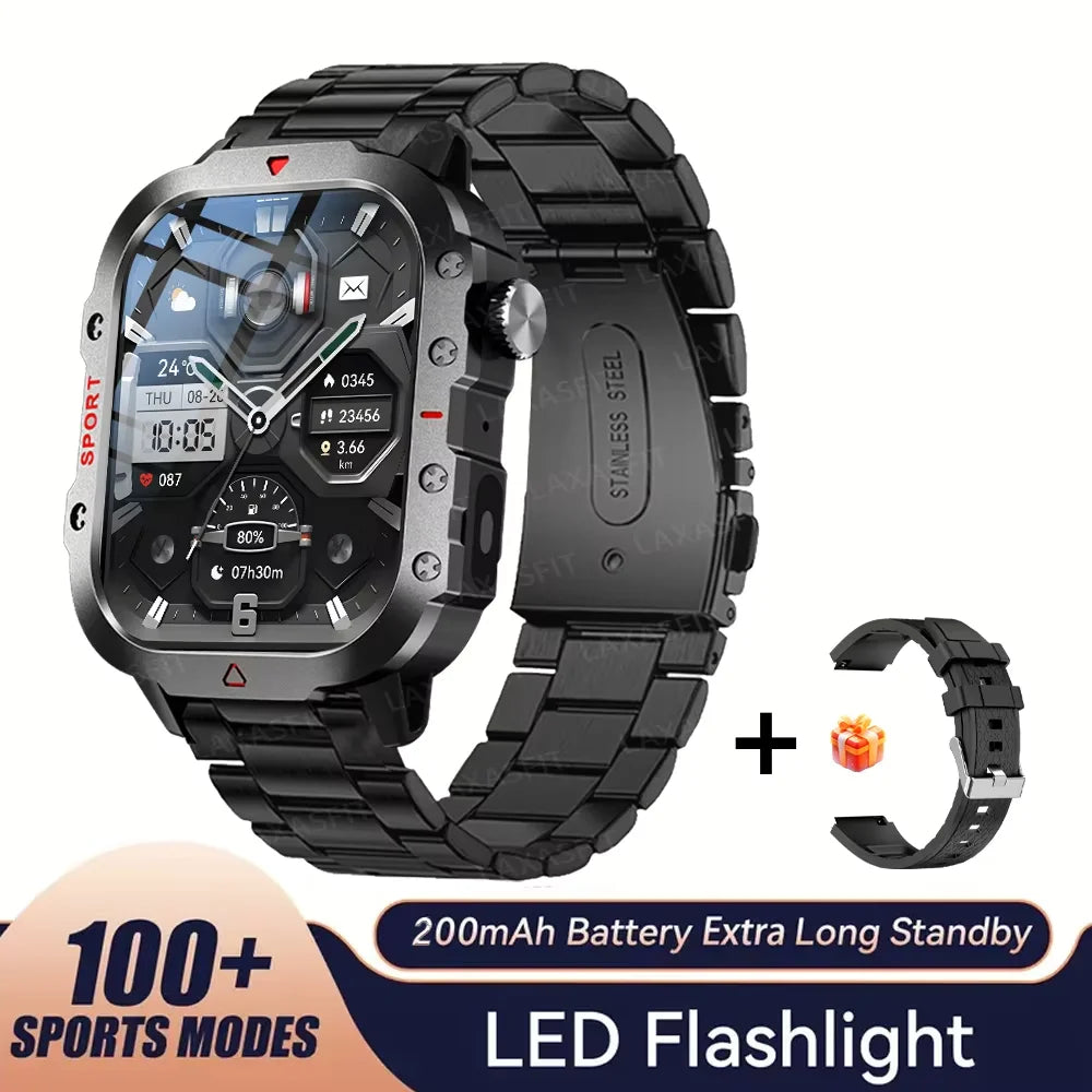 LAXASFIT 2025 - Reloj inteligente militar resistente para hombre, para exteriores, pantalla táctil HD de 2,01", llamadas de voz y Bluetooth