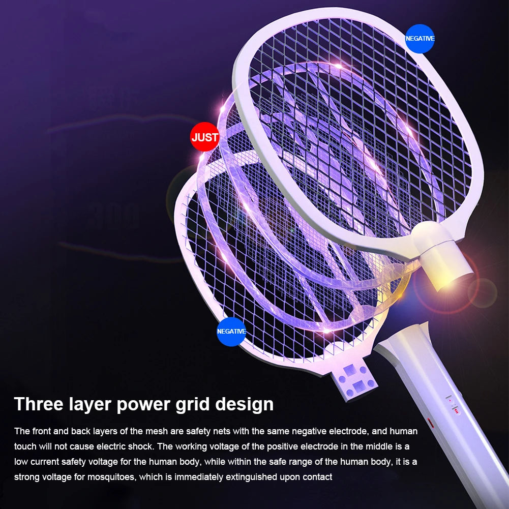 Matamoscas eléctrico de mano de 3000 V, 2 en 1, con lámpara antimosquitos recargable por USB, control de plagas.