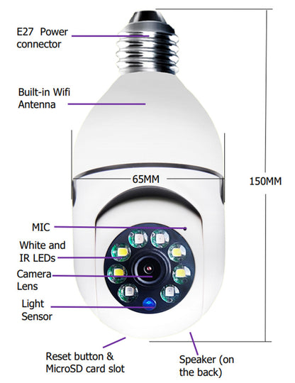 Cámara WiFi 1080P Bombilla Zoom 4X Cámara E27 Hogar 5GWiFi Alarma Monitor