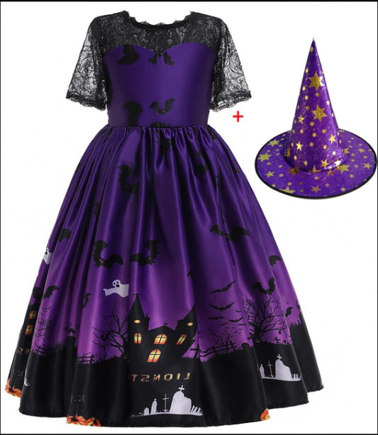 Vestido de princesa de Halloween con malla estampada de Halloween