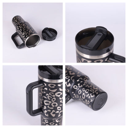 Vaso de 40 oz con asa, pajita aislante, de acero inoxidable, a prueba de derrames, taza de café al vacío con tapa, taza cónica.