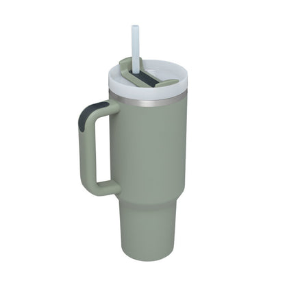 Vaso de 40 oz con asa, pajita aislante, de acero inoxidable, a prueba de derrames, taza de café al vacío con tapa, taza cónica.