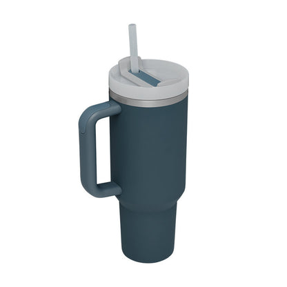Vaso de 40 oz con asa, pajita aislante, de acero inoxidable, a prueba de derrames, taza de café al vacío con tapa, taza cónica.