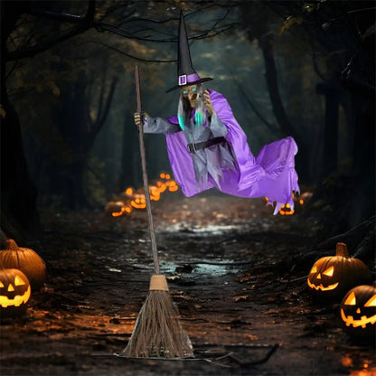Decoración de bruja voladora de Halloween, fantasma de Halloween, animatrónicos aterradores para exteriores, accesorios de Halloween con sonido aterrador